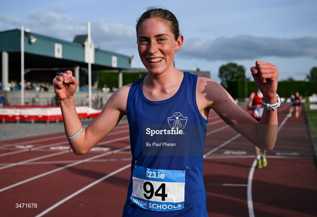 29 May 2026; Lucie Cawley of Mercy College Sligo, celebrates winning the inter girls 1500m steeplechase during day one of the 123.ie All-Ireland Schools' Track and Field Championships at Tullamore Harriers Athletics Club in Offaly. Photo by Paul Phelan/Sportsfile