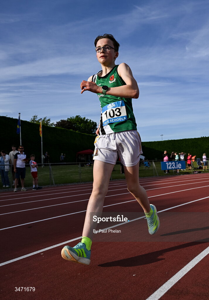 29 May 2026; Conor Brennan of Moyne CS, Longford, competing in the inter boys 2000m walk during day one of the 123.ie All-Ireland Schools' Track and Field Championships at Tullamore Harriers Athletics Club in Offaly. Photo by Paul Phelan/Sportsfile