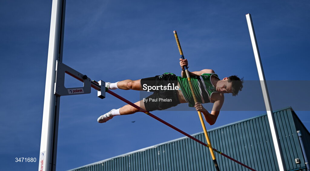 29 May 2026; Lucas Neff of PBC Cork, Cork, competing in the junior boys pole vault during day one of the 123.ie All-Ireland Schools' Track and Field Championships at Tullamore Harriers Athletics Club in Offaly. Photo by Paul Phelan/Sportsfile