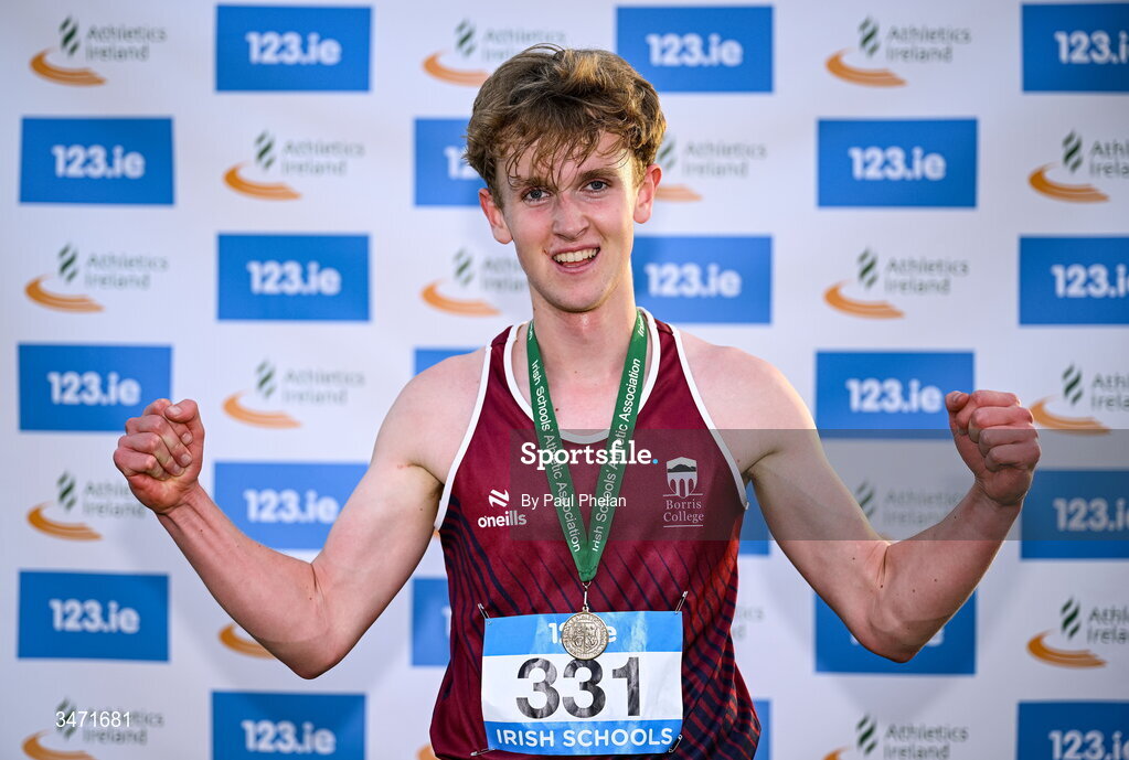 29 May 2026; Tom Murphy of Borris College, Carlow, celebrates winning the senior boys 2000m steeplechase during day one of the 123.ie All-Ireland Schools' Track and Field Championships at Tullamore Harriers Athletics Club in Offaly. Photo by Paul Phelan/Sportsfile