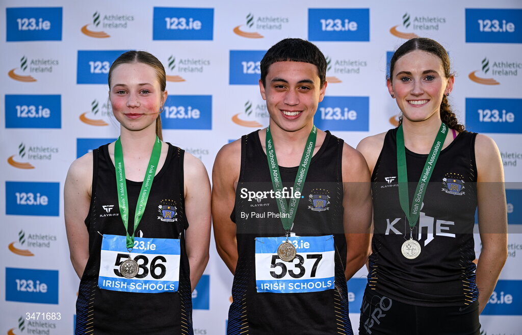 29 May 2026; St. Marys Dundalk, Louth win three gold medals with Autumn Moran in the minor girls high jump, Calvin McCourt in the junior boys javelin and Dearbhla Allen in the senior girls 1500m steeplechase during day one of the 123.ie All-Ireland Schools' Track and Field Championships at Tullamore Harriers Athletics Club in Offaly. Photo by Paul Phelan/Sportsfile