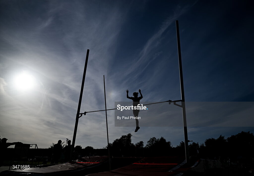 29 May 2026; Reuben Nolan Nolan of Lusk C.C., Dublin, silhouetted against the sky, competing in the junior boys pole vault during day one of the 123.ie All-Ireland Schools' Track and Field Championships at Tullamore Harriers Athletics Club in Offaly. Photo by Paul Phelan/Sportsfile