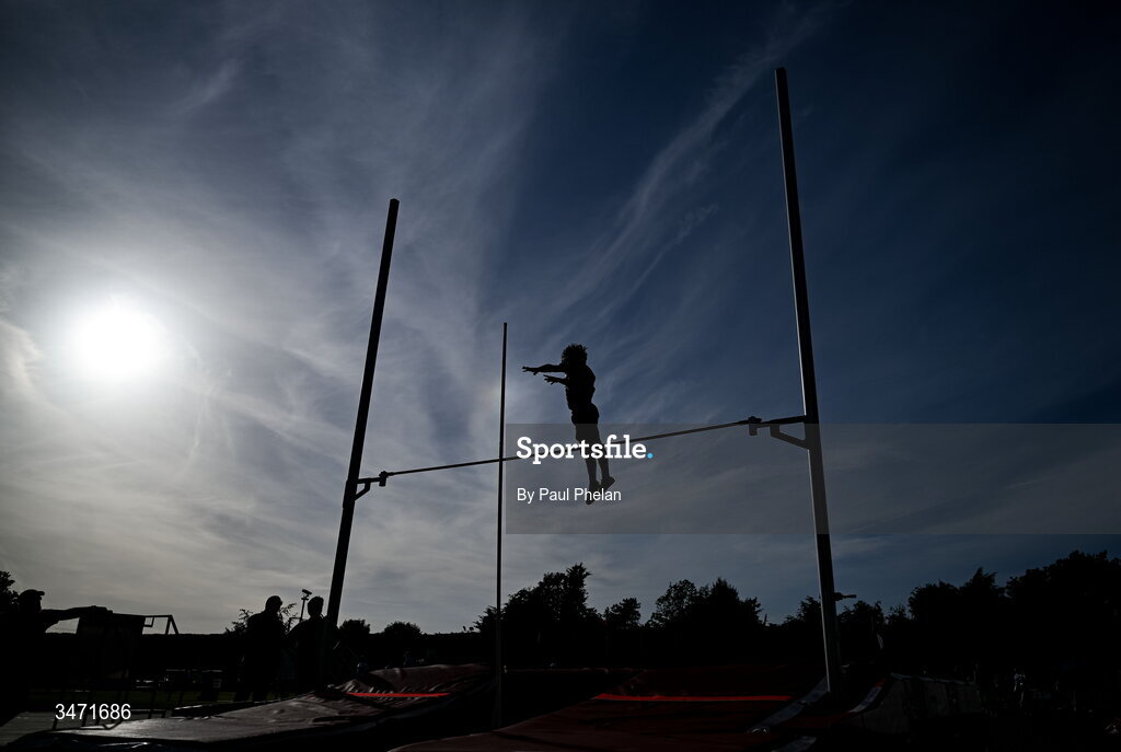29 May 2026; Reuben Nolan Nolan of Lusk C.C., Dublin, silhouetted against the sky, competing in the junior boys pole vault during day one of the 123.ie All-Ireland Schools' Track and Field Championships at Tullamore Harriers Athletics Club in Offaly. Photo by Paul Phelan/Sportsfile