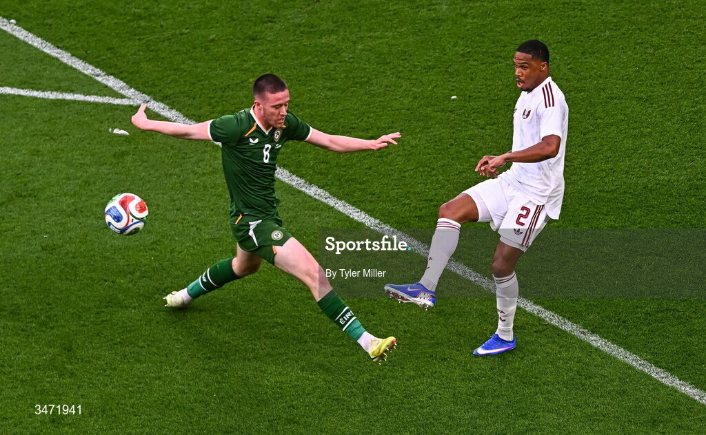 28 May 2026; Pedro Miguel of Qatar in action against Jack Moylan of Republic of Ireland during the international friendly match between Republic of Ireland and Qatar at the Aviva Stadium in Dublin. Photo by Tyler Miller/Sportsfile