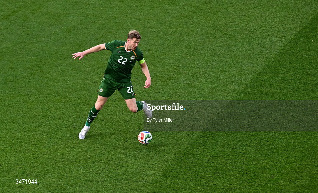 28 May 2026; Nathan Collins of Republic of Ireland during the international friendly match between Republic of Ireland and Qatar at the Aviva Stadium in Dublin. Photo by Tyler Miller/Sportsfile