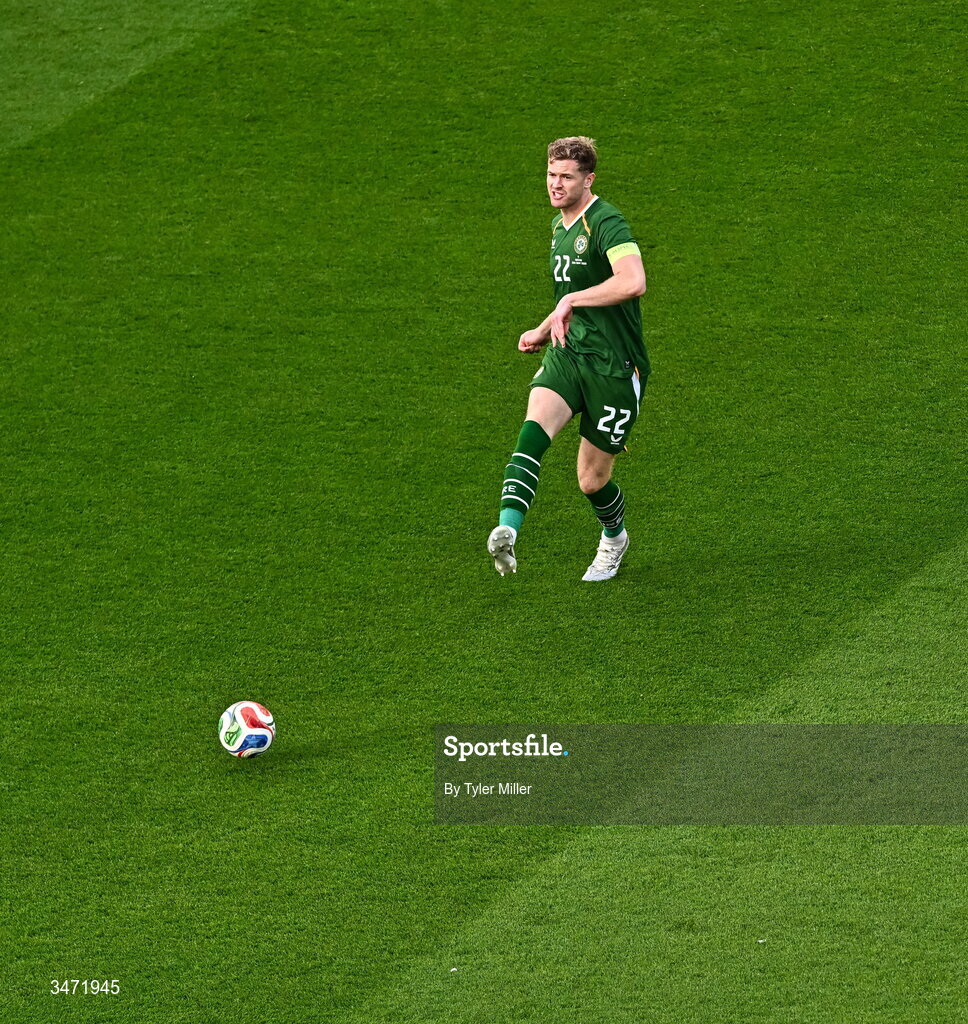 28 May 2026; Nathan Collins of Republic of Ireland during the international friendly match between Republic of Ireland and Qatar at the Aviva Stadium in Dublin. Photo by Tyler Miller/Sportsfile