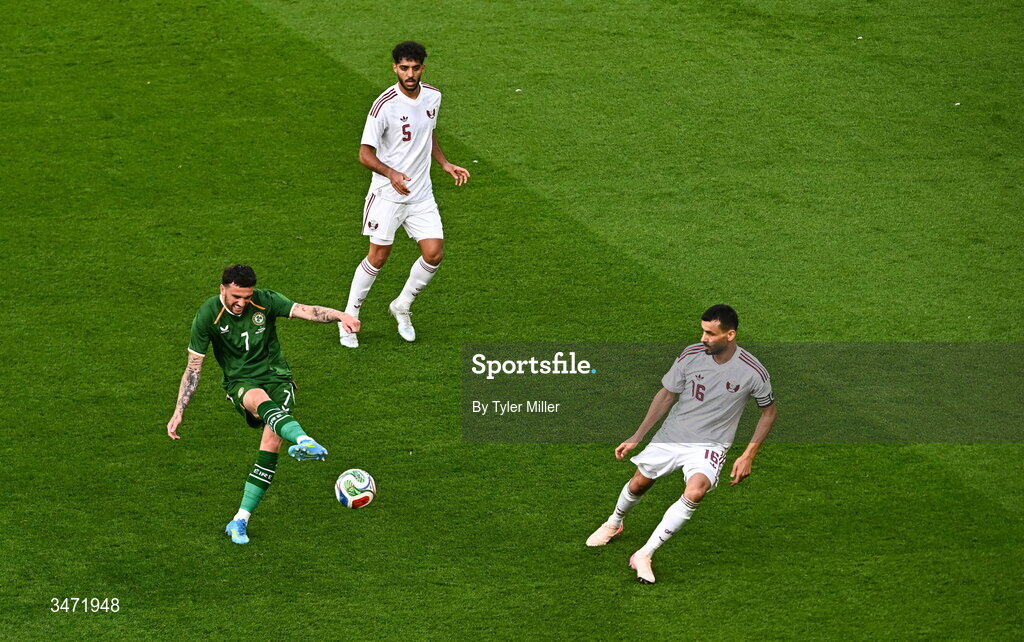 28 May 2026; Troy Parrott of Republic of Ireland in action against Boualem Khoukhi of Qatar during the international friendly match between Republic of Ireland and Qatar at the Aviva Stadium in Dublin. Photo by Tyler Miller/Sportsfile