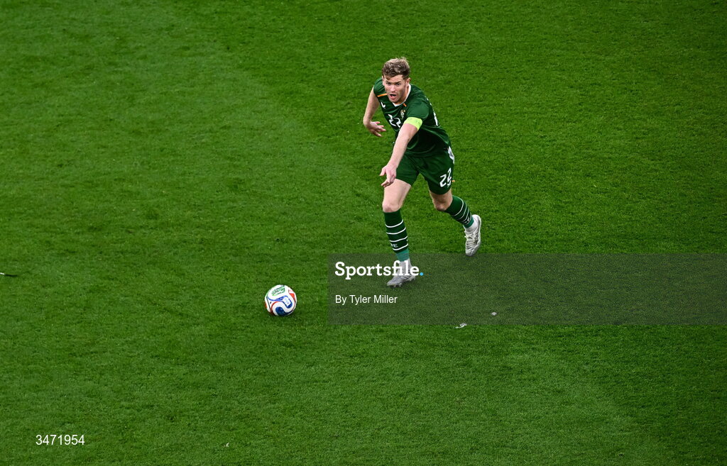 28 May 2026; Nathan Collins of Republic of Ireland during the international friendly match between Republic of Ireland and Qatar at the Aviva Stadium in Dublin. Photo by Tyler Miller/Sportsfile