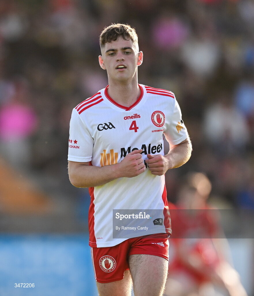 29 May 2026; Ciaran McCrystal of Tyrone during the Electric Ireland Ulster GAA Football Minor Championship final match between Derry and Tyrone at O'Donnell Park in Letterkenny, Donegal. Photo by Ramsey Cardy/Sportsfile
