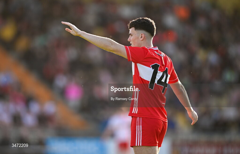 29 May 2026; Tadhg Bradley of Derry during the Electric Ireland Ulster GAA Football Minor Championship final match between Derry and Tyrone at O'Donnell Park in Letterkenny, Donegal. Photo by Ramsey Cardy/Sportsfile