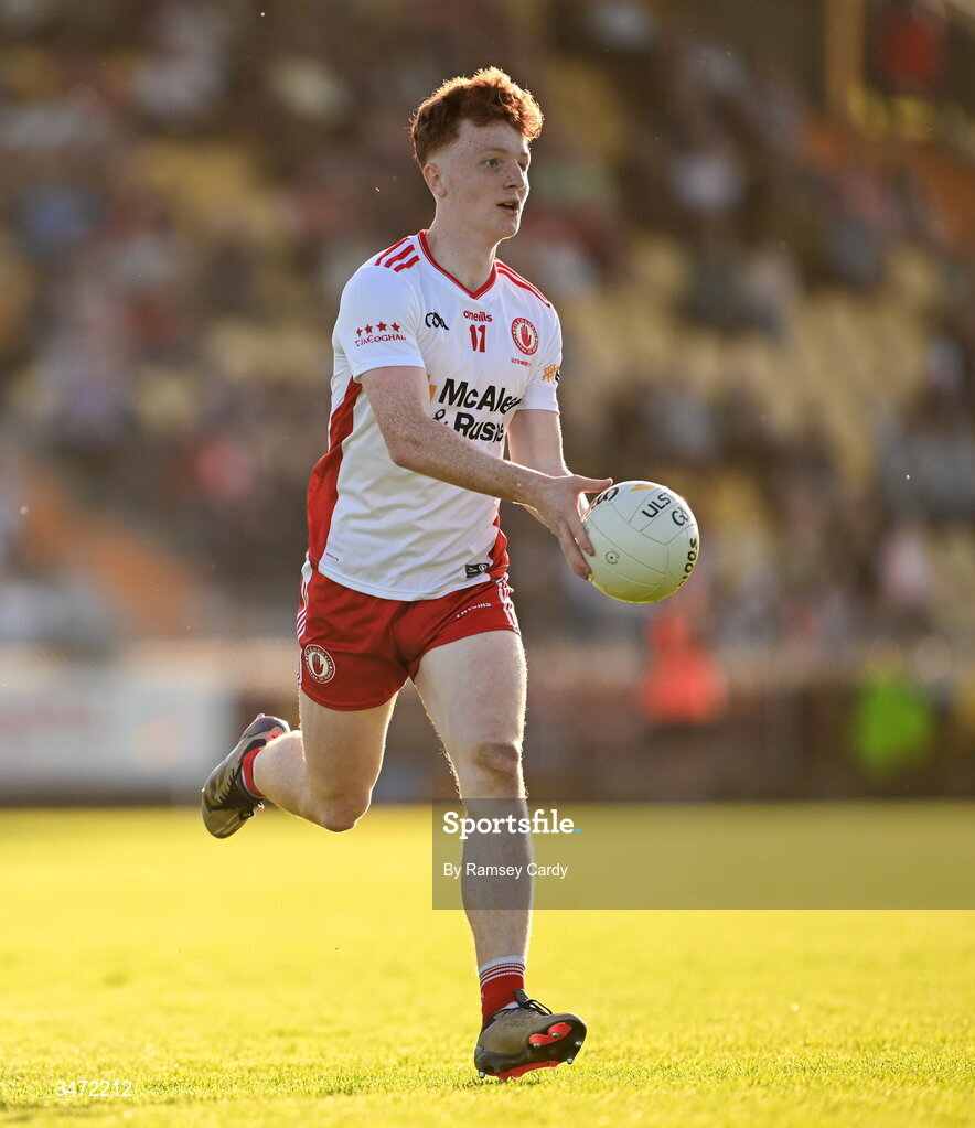 29 May 2026; Brian Óg McGuckin of Tyrone during the Electric Ireland Ulster GAA Football Minor Championship final match between Derry and Tyrone at O'Donnell Park in Letterkenny, Donegal. Photo by Ramsey Cardy/Sportsfile