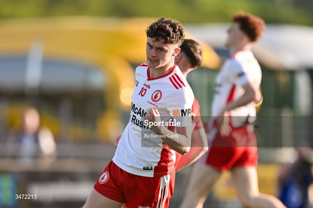 29 May 2026; Logan O'Connor of Tyrone celebrates scoring a point during the Electric Ireland Ulster GAA Football Minor Championship final match between Derry and Tyrone at O'Donnell Park in Letterkenny, Donegal. Photo by Ramsey Cardy/Sportsfile