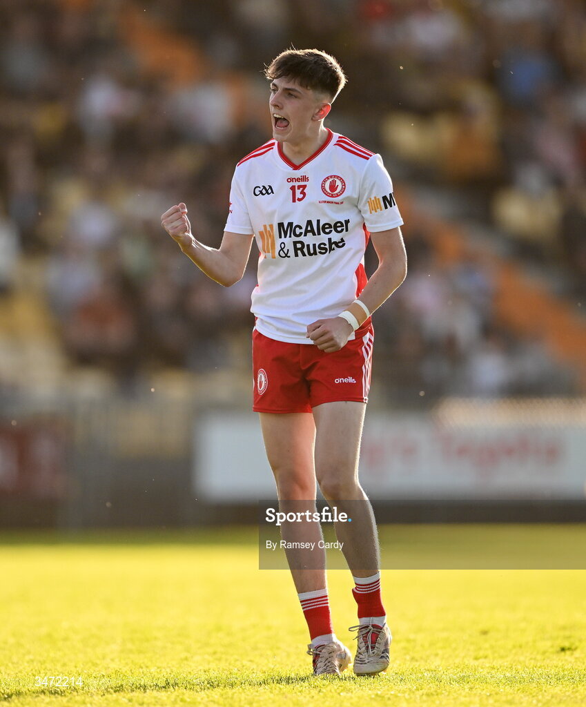 29 May 2026; Conan Canavan of Tyrone celebrates a score by Matthew J Daly during the Electric Ireland Ulster GAA Football Minor Championship final match between Derry and Tyrone at O'Donnell Park in Letterkenny, Donegal. Photo by Ramsey Cardy/Sportsfile