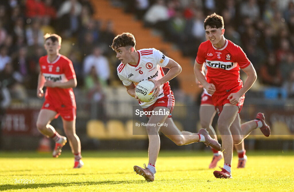 29 May 2026; Aodhan Corry of Tyrone in action against Connail Campbell of Derry during the Electric Ireland Ulster GAA Football Minor Championship final match between Derry and Tyrone at O'Donnell Park in Letterkenny, Donegal. Photo by Ramsey Cardy/Sportsfile