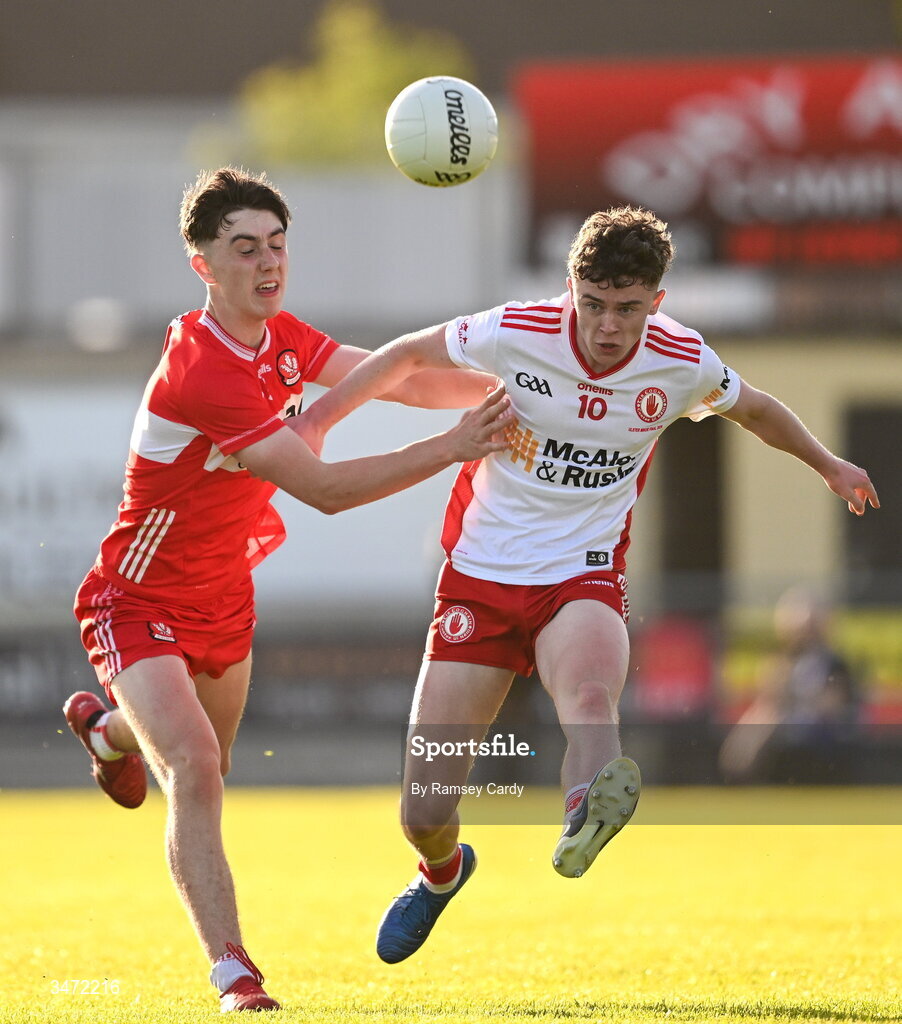 29 May 2026; Logan O'Connor of Tyrone in action against Connail Campbell of Derry during the Electric Ireland Ulster GAA Football Minor Championship final match between Derry and Tyrone at O'Donnell Park in Letterkenny, Donegal. Photo by Ramsey Cardy/Sportsfile