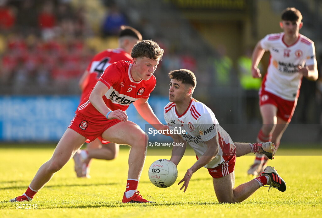 29 May 2026; Ciaran McCrystal of Tyrone in action against Conor Kane of Derry during the Electric Ireland Ulster GAA Football Minor Championship final match between Derry and Tyrone at O'Donnell Park in Letterkenny, Donegal. Photo by Ramsey Cardy/Sportsfile