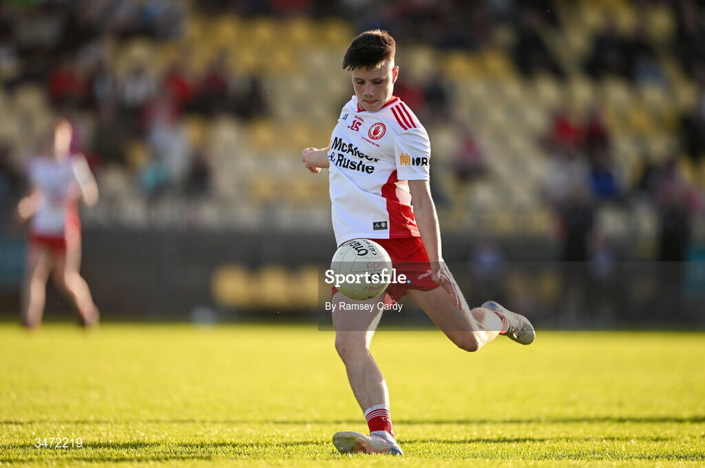 29 May 2026; Vincent Gormley of Tyrone during the Electric Ireland Ulster GAA Football Minor Championship final match between Derry and Tyrone at O'Donnell Park in Letterkenny, Donegal. Photo by Ramsey Cardy/Sportsfile