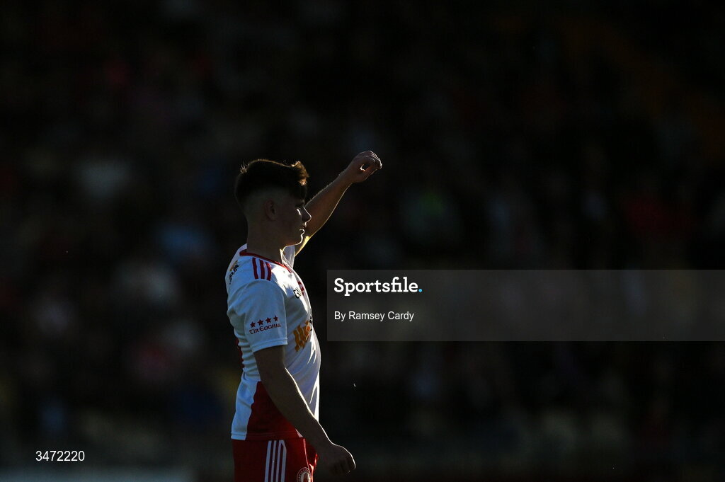 29 May 2026; Vincent Gormley of Tyrone during the Electric Ireland Ulster GAA Football Minor Championship final match between Derry and Tyrone at O'Donnell Park in Letterkenny, Donegal. Photo by Ramsey Cardy/Sportsfile