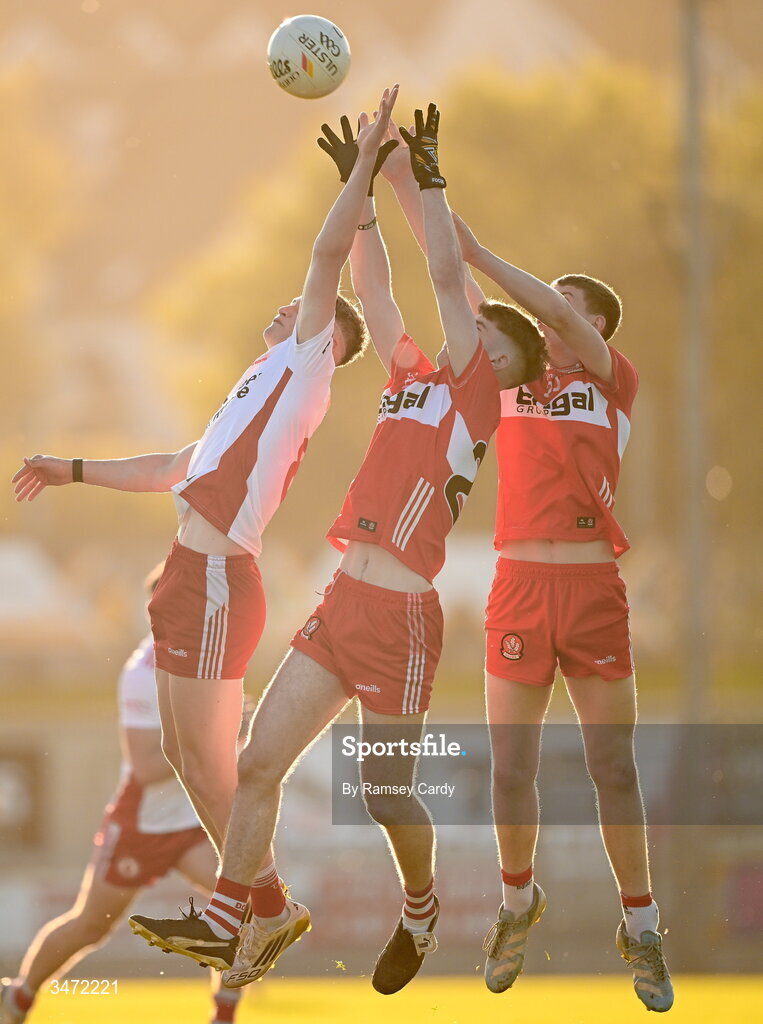 29 May 2026; Tomas Gallen of Tyrone in action against Darah McKenna and Ultan McCloskey of Derry during the Electric Ireland Ulster GAA Football Minor Championship final match between Derry and Tyrone at O'Donnell Park in Letterkenny, Donegal. Photo by Ramsey Cardy/Sportsfile