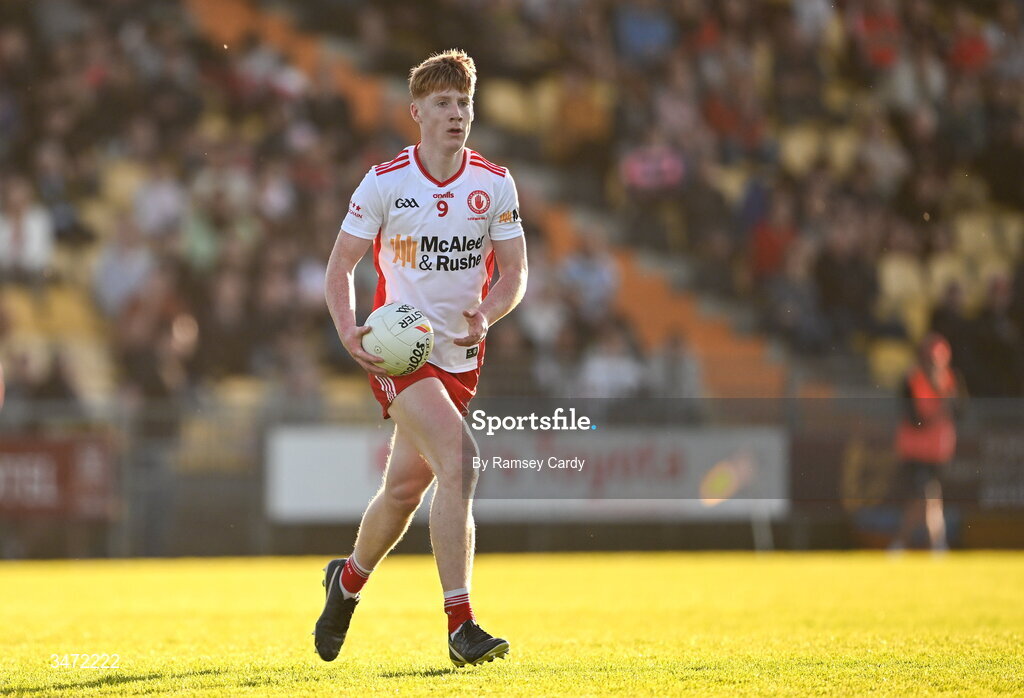 29 May 2026; Charlie Meenan of Tyrone during the Electric Ireland Ulster GAA Football Minor Championship final match between Derry and Tyrone at O'Donnell Park in Letterkenny, Donegal. Photo by Ramsey Cardy/Sportsfile