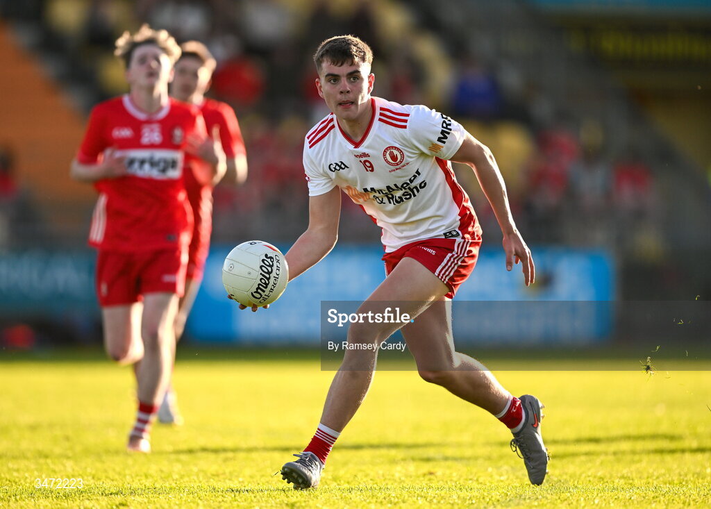 29 May 2026; Conall Shevlin of Tyrone during the Electric Ireland Ulster GAA Football Minor Championship final match between Derry and Tyrone at O'Donnell Park in Letterkenny, Donegal. Photo by Ramsey Cardy/Sportsfile
