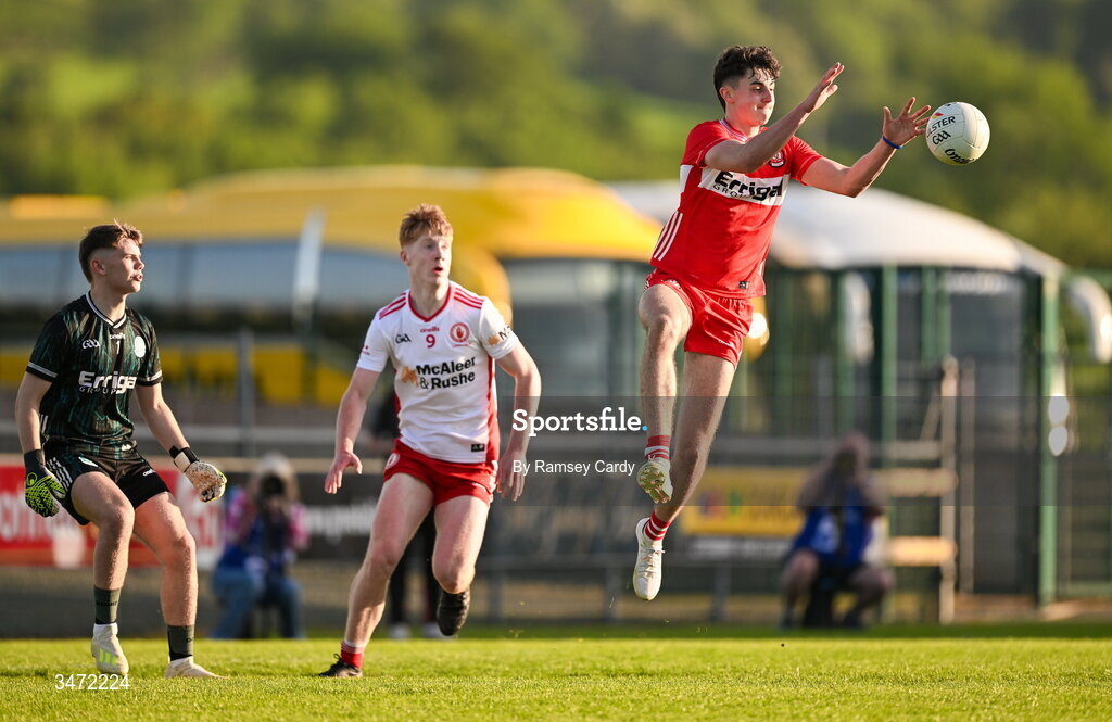 29 May 2026; Gabriel Gormley of Derry in action against Charlie Meenan of Tyrone during the Electric Ireland Ulster GAA Football Minor Championship final match between Derry and Tyrone at O'Donnell Park in Letterkenny, Donegal. Photo by Ramsey Cardy/Sportsfile