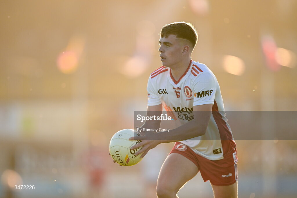 29 May 2026; Conall Shevlin of Tyrone during the Electric Ireland Ulster GAA Football Minor Championship final match between Derry and Tyrone at O'Donnell Park in Letterkenny, Donegal. Photo by Ramsey Cardy/Sportsfile