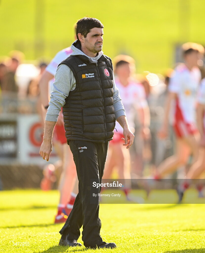 29 May 2026; Tyrone manager Gerard Donnelly before the Electric Ireland Ulster GAA Football Minor Championship final match between Derry and Tyrone at O'Donnell Park in Letterkenny, Donegal. Photo by Ramsey Cardy/Sportsfile