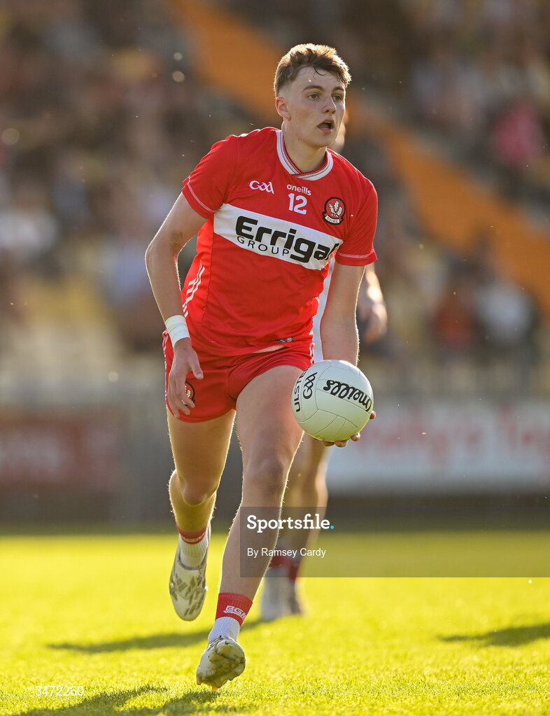29 May 2026; Neil McDermott of Derry during the Electric Ireland Ulster GAA Football Minor Championship final match between Derry and Tyrone at O'Donnell Park in Letterkenny, Donegal. Photo by Ramsey Cardy/Sportsfile