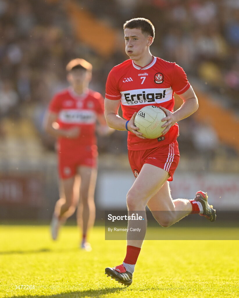 29 May 2026; Jarlath McCartney of Derry during the Electric Ireland Ulster GAA Football Minor Championship final match between Derry and Tyrone at O'Donnell Park in Letterkenny, Donegal. Photo by Ramsey Cardy/Sportsfile