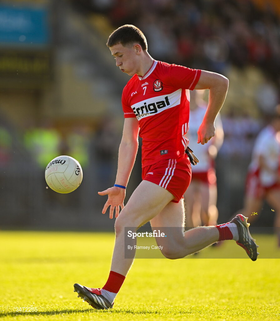 29 May 2026; Jarlath McCartney of Derry during the Electric Ireland Ulster GAA Football Minor Championship final match between Derry and Tyrone at O'Donnell Park in Letterkenny, Donegal. Photo by Ramsey Cardy/Sportsfile