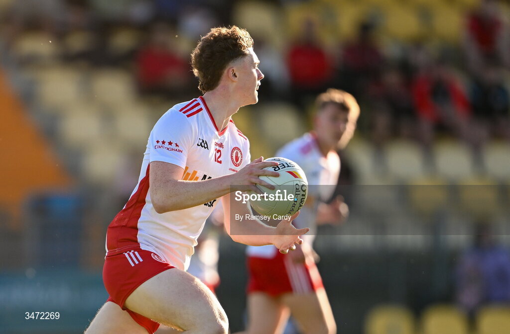 29 May 2026; Ruairi O'Neill of Tyrone during the Electric Ireland Ulster GAA Football Minor Championship final match between Derry and Tyrone at O'Donnell Park in Letterkenny, Donegal. Photo by Ramsey Cardy/Sportsfile
