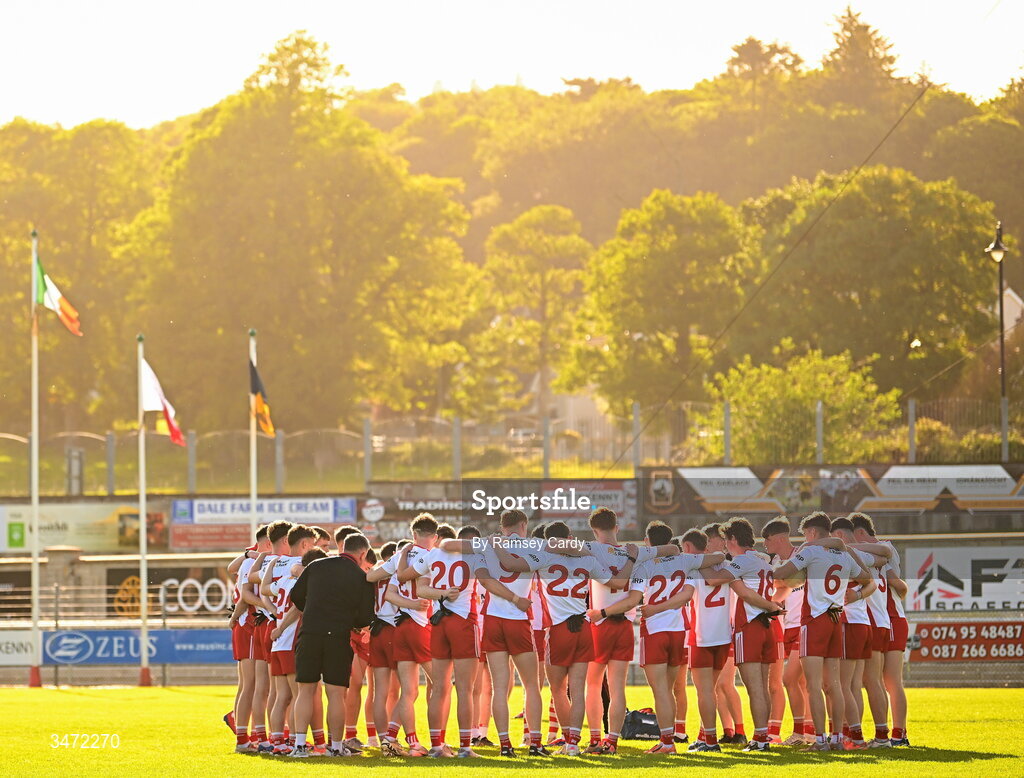 29 May 2026; The Tyrone team before the Electric Ireland Ulster GAA Football Minor Championship final match between Derry and Tyrone at O'Donnell Park in Letterkenny, Donegal. Photo by Ramsey Cardy/Sportsfile