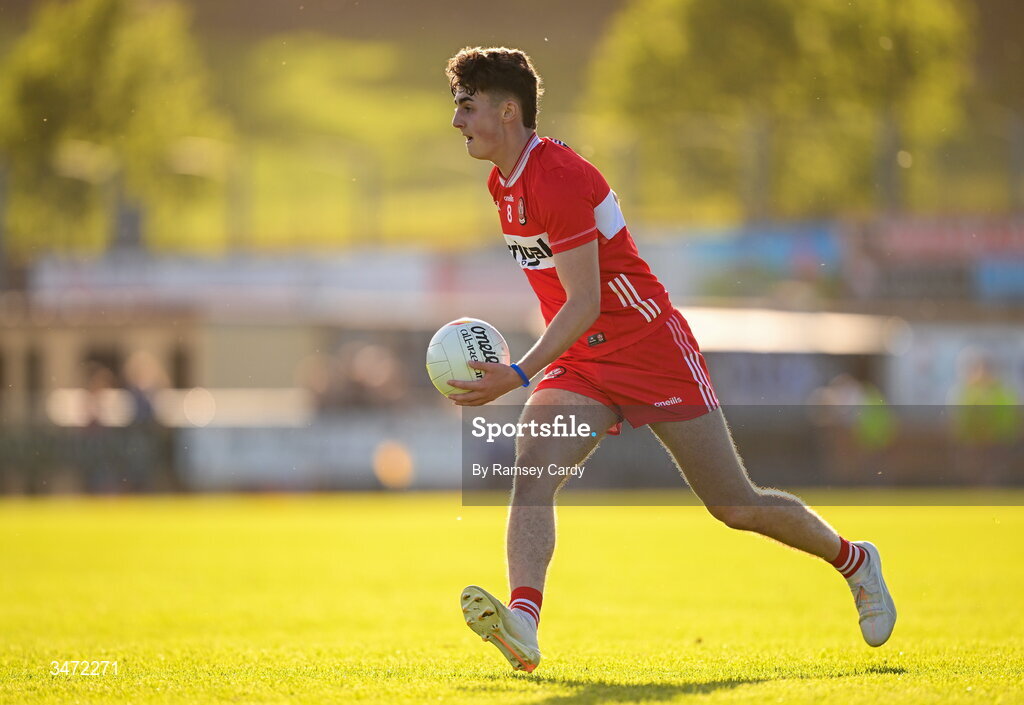 29 May 2026; Gabriel Gormley of Derry during the Electric Ireland Ulster GAA Football Minor Championship final match between Derry and Tyrone at O'Donnell Park in Letterkenny, Donegal. Photo by Ramsey Cardy/Sportsfile