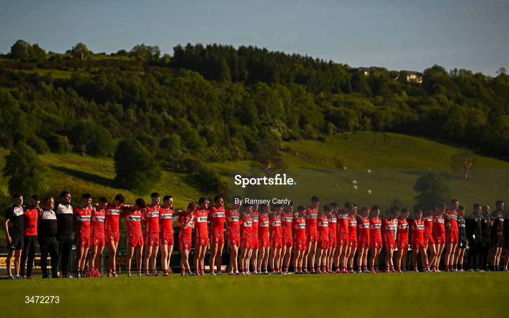 29 May 2026; The Derry team before the Electric Ireland Ulster GAA Football Minor Championship final match between Derry and Tyrone at O'Donnell Park in Letterkenny, Donegal. Photo by Ramsey Cardy/Sportsfile