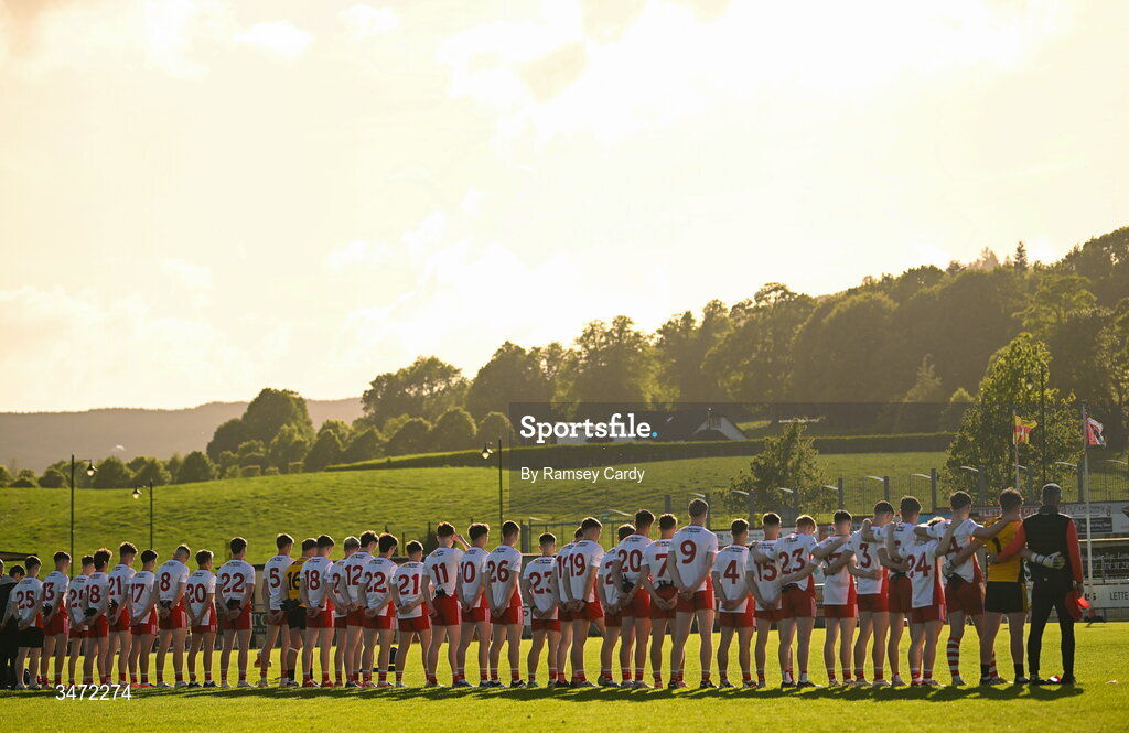 29 May 2026; The Tyrone team before the Electric Ireland Ulster GAA Football Minor Championship final match between Derry and Tyrone at O'Donnell Park in Letterkenny, Donegal. Photo by Ramsey Cardy/Sportsfile