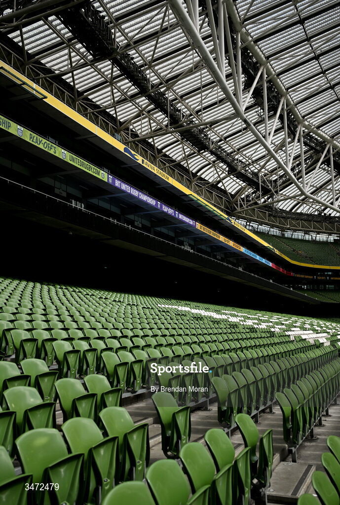 30 May 2026; A general view inside the stadium before the United Rugby Championship quarter-final match between Leinster and Lions at the Aviva Stadium in Dublin. Photo by Brendan Moran/Sportsfile