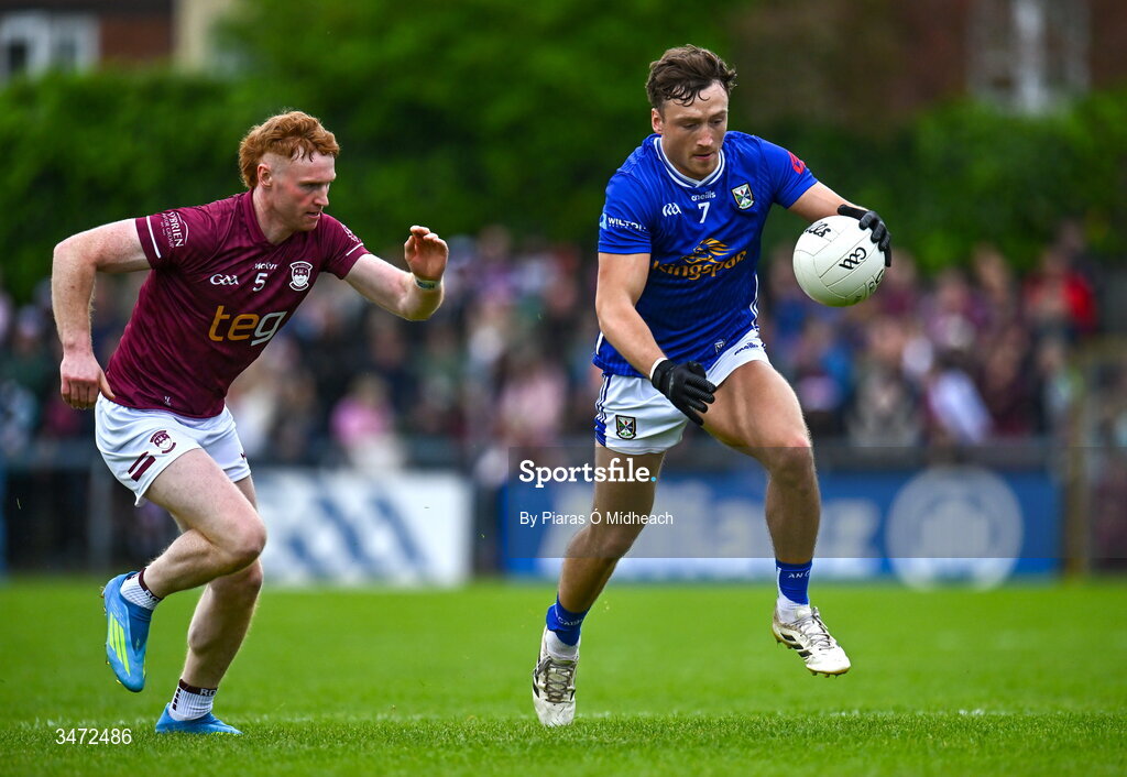 30 May 2026; Conor Brady of Cavan in action against Ronan Wallace of Westmeath during the GAA Football All-Ireland Senior Championship Round 1 match between Westmeath and Cavan at TEG Cusack Park in Mullingar, Westmeath. Photo by Piaras Ó Mídheach/Sportsfile