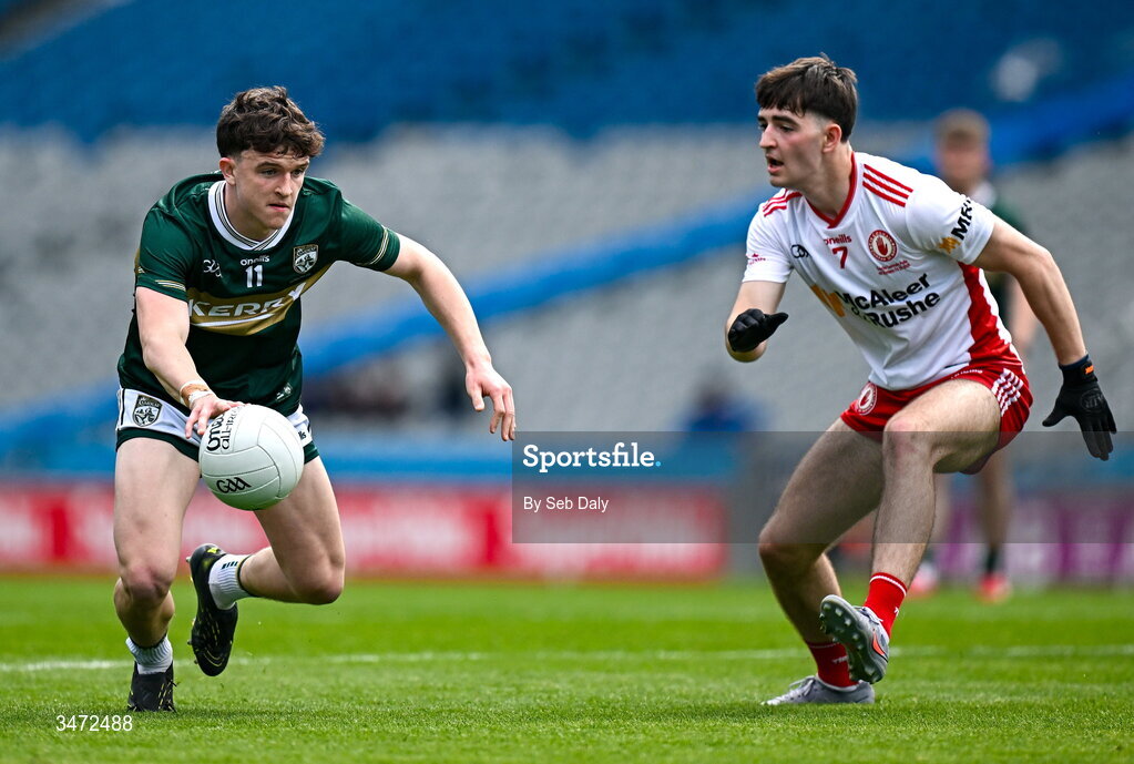 30 May 2026; Gearóid White of Kerry in action against Brian Gallagher of Tyrone during the Dalata Hotels Group GAA Football All-Ireland U20 Championship final match between Kerry and Tyrone at Croke Park in Dublin. Photo by Seb Daly/Sportsfile