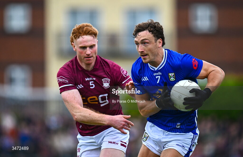 30 May 2026; Conor Brady of Cavan in action against Ronan Wallace of Westmeath during the GAA Football All-Ireland Senior Championship Round 1 match between Westmeath and Cavan at TEG Cusack Park in Mullingar, Westmeath. Photo by Piaras Ó Mídheach/Sportsfile