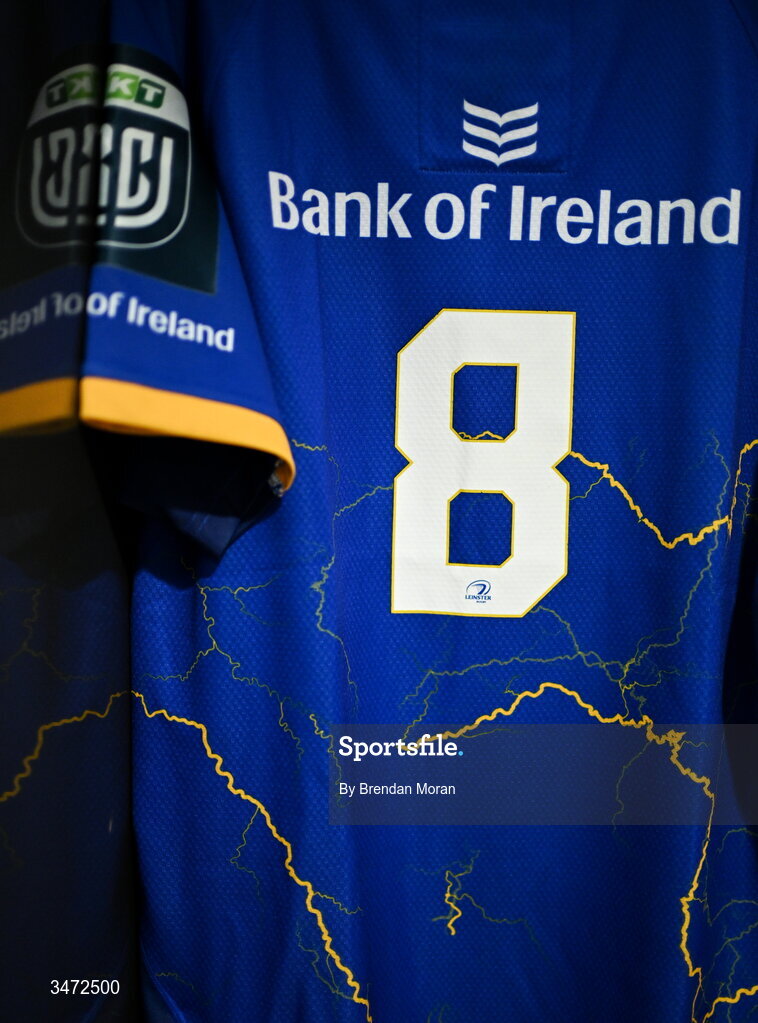 30 May 2026; The jersey of captain Caelan Doris in the Leinster dressingroom before the United Rugby Championship quarter-final match between Leinster and Lions at the Aviva Stadium in Dublin. Photo by Brendan Moran/Sportsfile