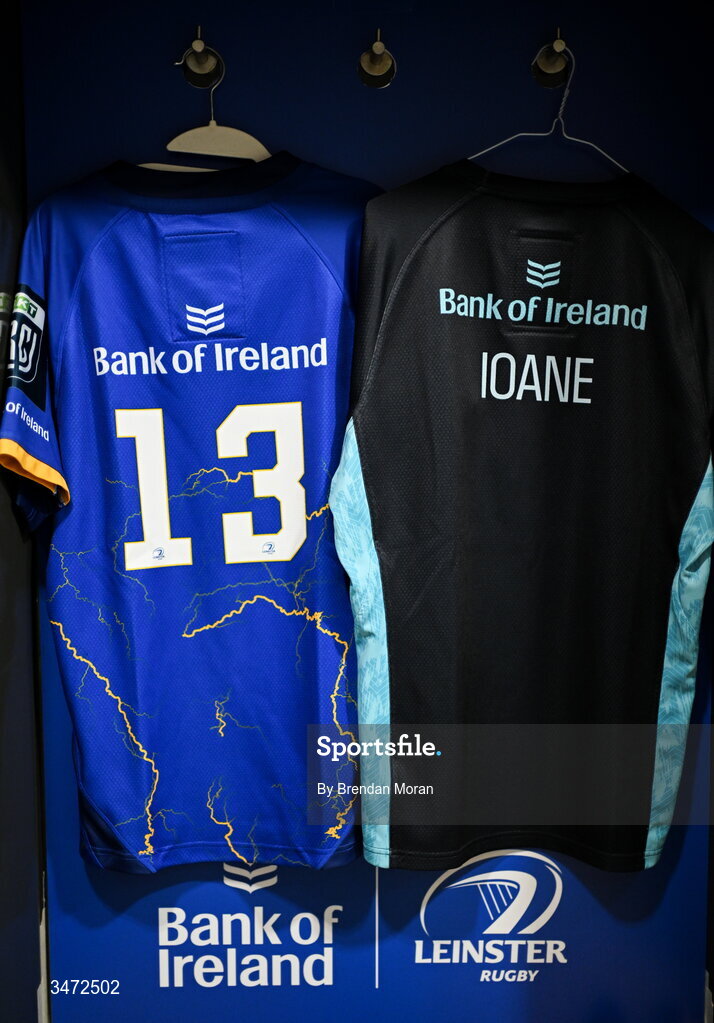 30 May 2026; The jersey of Rieko Ioane in the Leinster dressingroom before the United Rugby Championship quarter-final match between Leinster and Lions at the Aviva Stadium in Dublin. Photo by Brendan Moran/Sportsfile