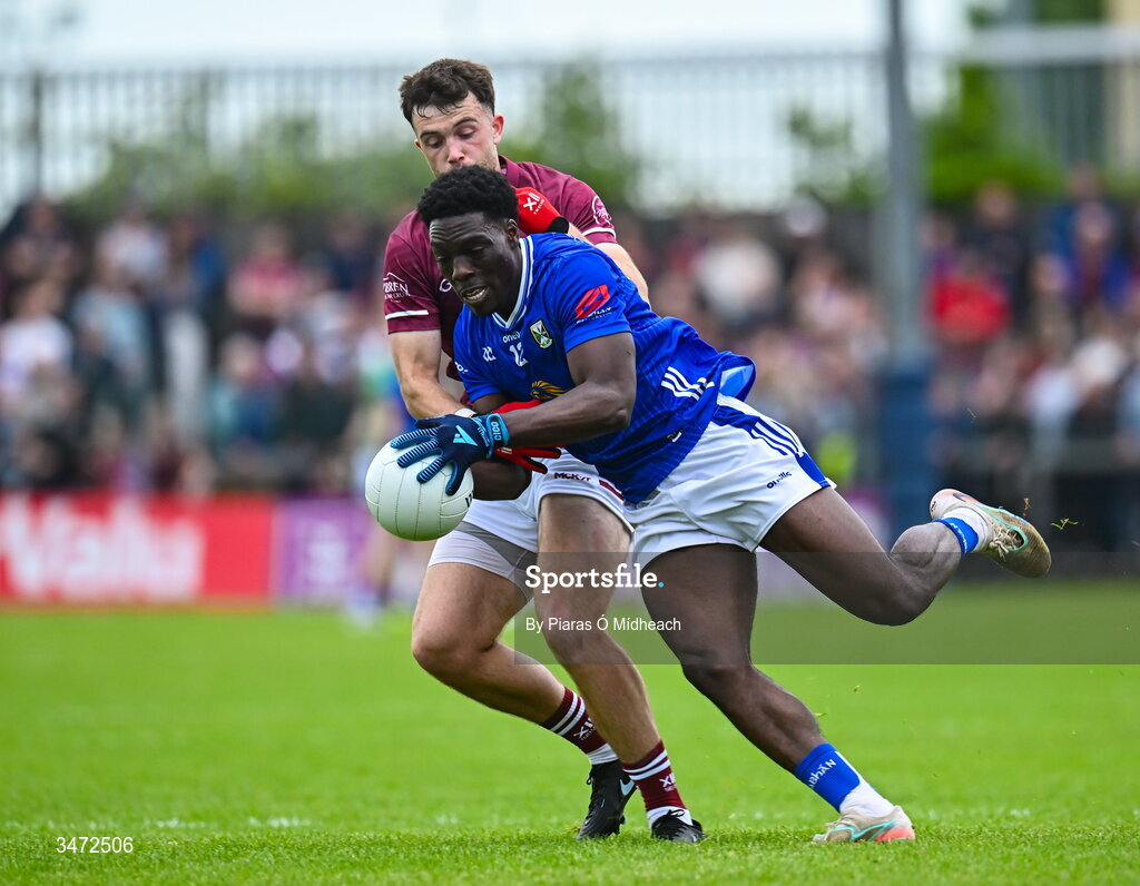 30 May 2026; Emmanuel Shehu of Cavan in action against Brían Cooney of Westmeath during the GAA Football All-Ireland Senior Championship Round 1 match between Westmeath and Cavan at TEG Cusack Park in Mullingar, Westmeath. Photo by Piaras Ó Mídheach/Sportsfile