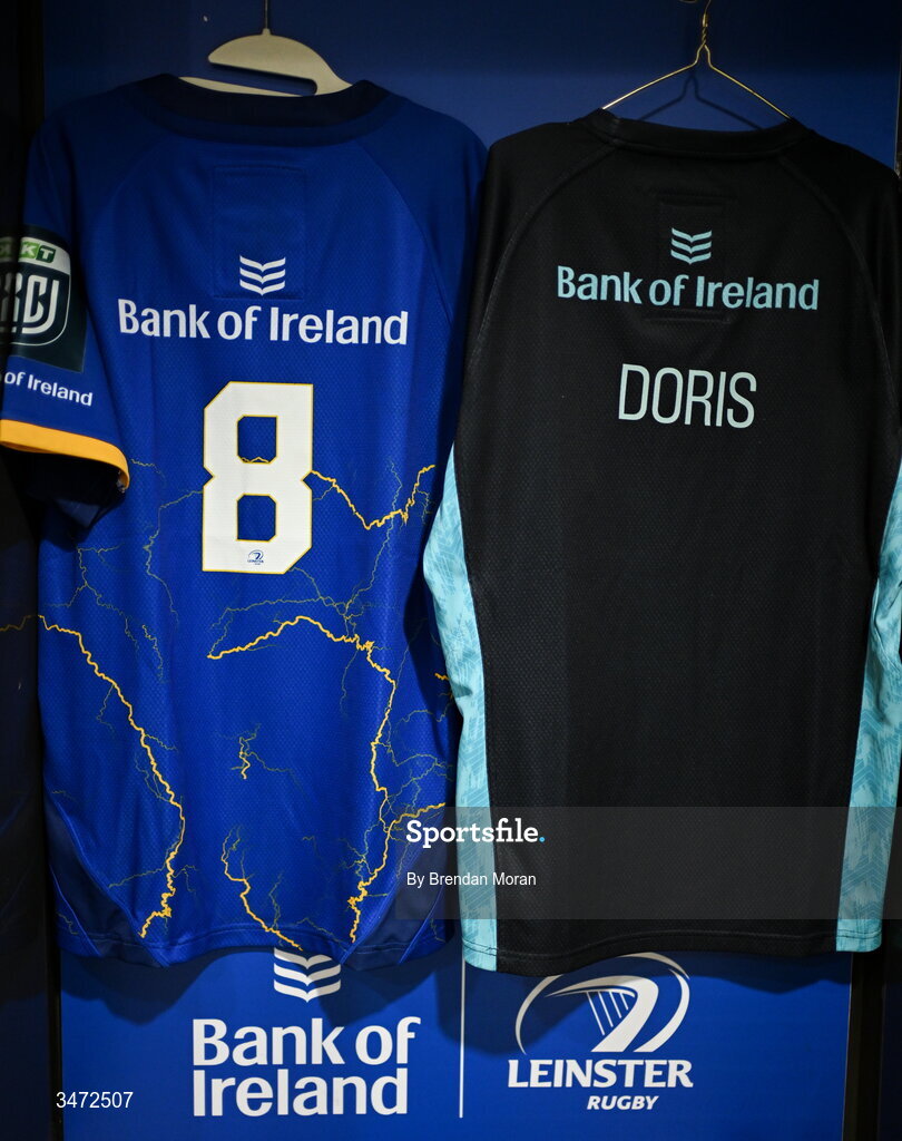 30 May 2026; The jersey of captain Caelan Doris in the Leinster dressingroom before the United Rugby Championship quarter-final match between Leinster and Lions at the Aviva Stadium in Dublin. Photo by Brendan Moran/Sportsfile