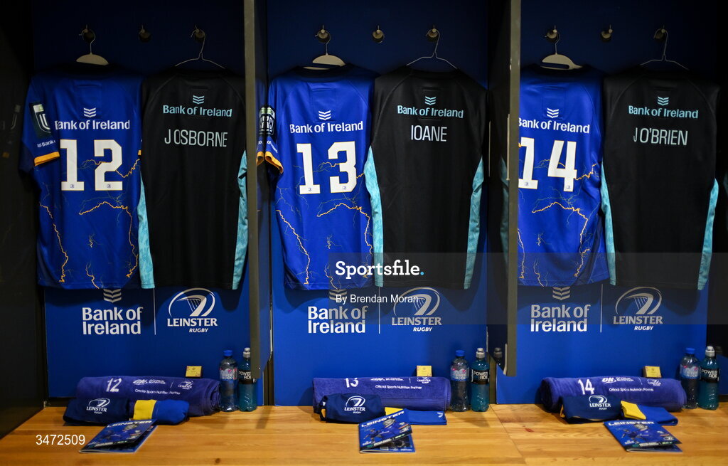 30 May 2026; The jersey of Jamie Osborne, Rieko Ioane and Jimmy O'Brien in the Leinster dressingroom before the United Rugby Championship quarter-final match between Leinster and Lions at the Aviva Stadium in Dublin. Photo by Brendan Moran/Sportsfile