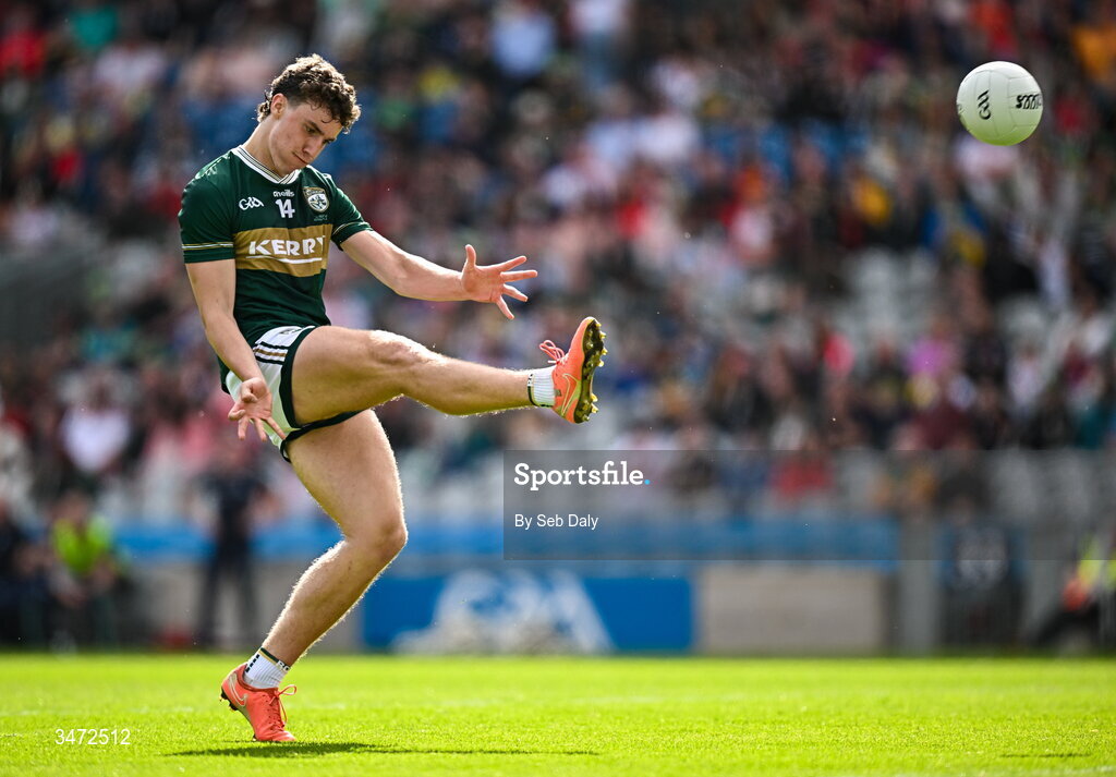 30 May 2026; Tomás Kennedy of Kerry converts a free during the Dalata Hotels Group GAA Football All-Ireland U20 Championship final match between Kerry and Tyrone at Croke Park in Dublin. Photo by Seb Daly/Sportsfile