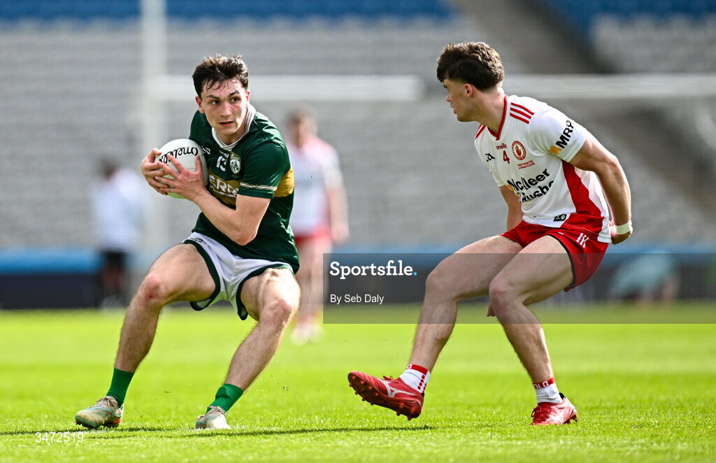 30 May 2026; Ronan Carroll of Kerry in action against Michael McNamee of Tyrone during the Dalata Hotels Group GAA Football All-Ireland U20 Championship final match between Kerry and Tyrone at Croke Park in Dublin. Photo by Seb Daly/Sportsfile