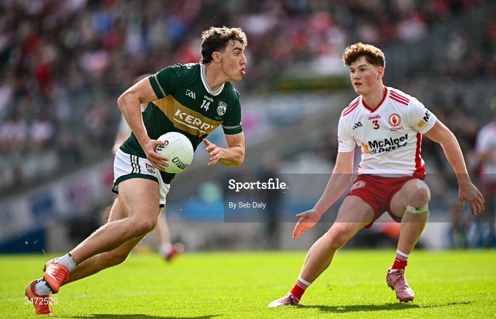 30 May 2026; Tomás Kennedy of Kerry in action against Luke Neeson of Tyrone during the Dalata Hotels Group GAA Football All-Ireland U20 Championship final match between Kerry and Tyrone at Croke Park in Dublin. Photo by Seb Daly/Sportsfile