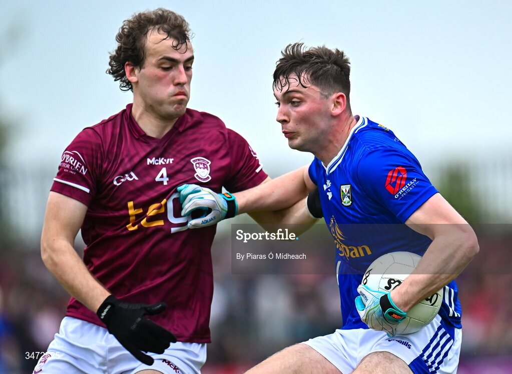30 May 2026; Caoimhan McGovern of Cavan in action against Tadhg Baker of Westmeath during the GAA Football All-Ireland Senior Championship Round 1 match between Westmeath and Cavan at TEG Cusack Park in Mullingar, Westmeath. Photo by Piaras Ó Mídheach/Sportsfile