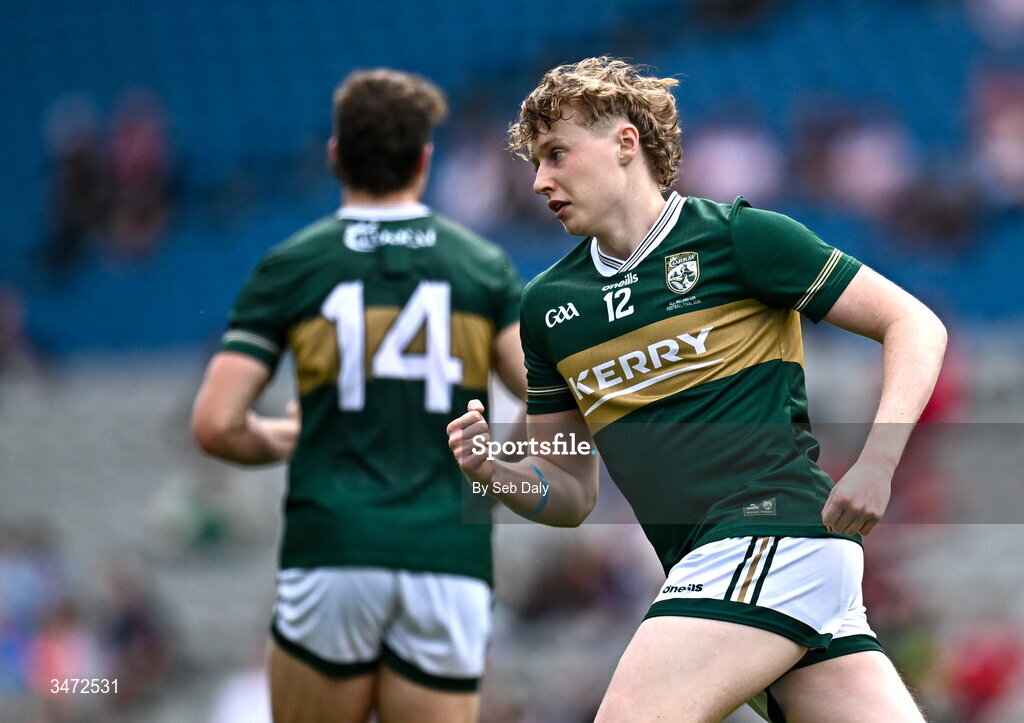 30 May 2026; Killian Dennehy of Kerry celebrates after scoring a point during the Dalata Hotels Group GAA Football All-Ireland U20 Championship final match between Kerry and Tyrone at Croke Park in Dublin. Photo by Seb Daly/Sportsfile